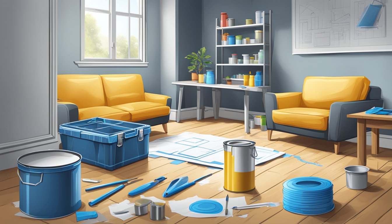 A room with furniture covered in plastic, paint cans and brushes, measuring tape, and a blueprint on a table