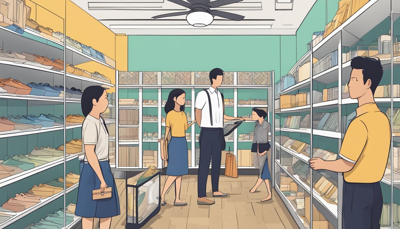 A store in Singapore sells various ceiling fans, displayed on shelves with price tags. Customers browse the selection, while a salesperson assists a couple with their purchase