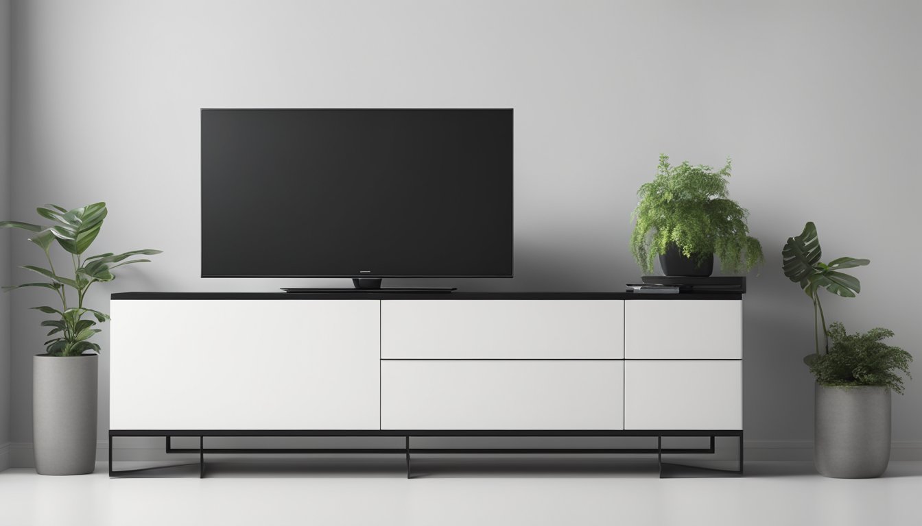 A black TV console sits against a white wall, with a sleek, modern design and clean lines. The console has open shelving and a smooth, polished surface