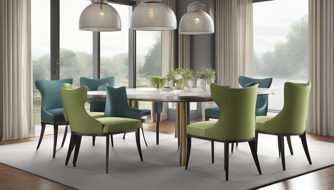 The designer dining chairs are arranged around a sleek, modern table. The chairs feature clean lines, elegant curves, and are upholstered in luxurious fabric