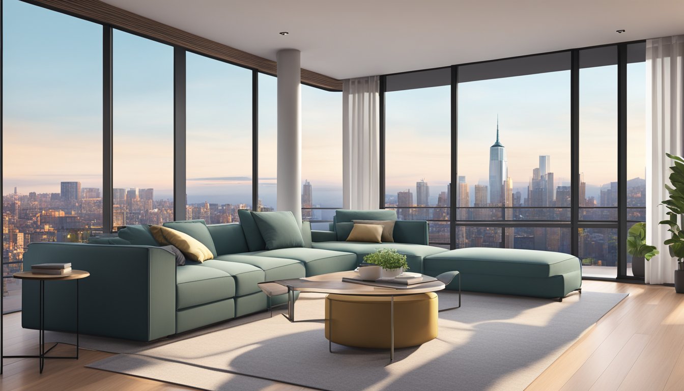 A sleek, minimalist living room with a large, L-shaped sofa, a coffee table, and a floor-to-ceiling window with a view of the city skyline