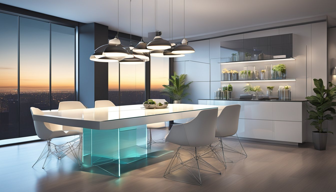 A price tag hangs from a tempered glass table in a sleek, modern showroom. The table gleams under the bright lights, showcasing its elegant design