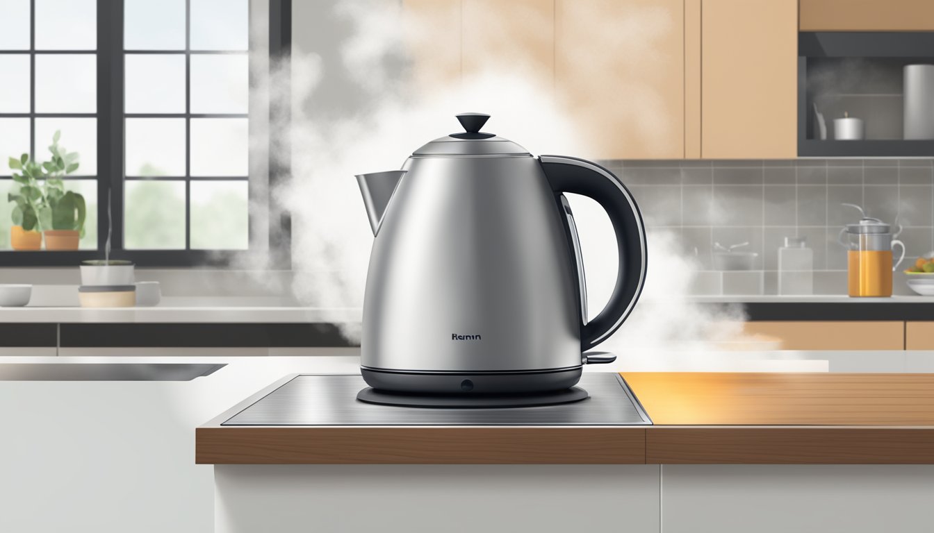 A hand reaches for a sleek, modern kettle on a countertop, with steam rising from the spout, indicating hot water ready for use
