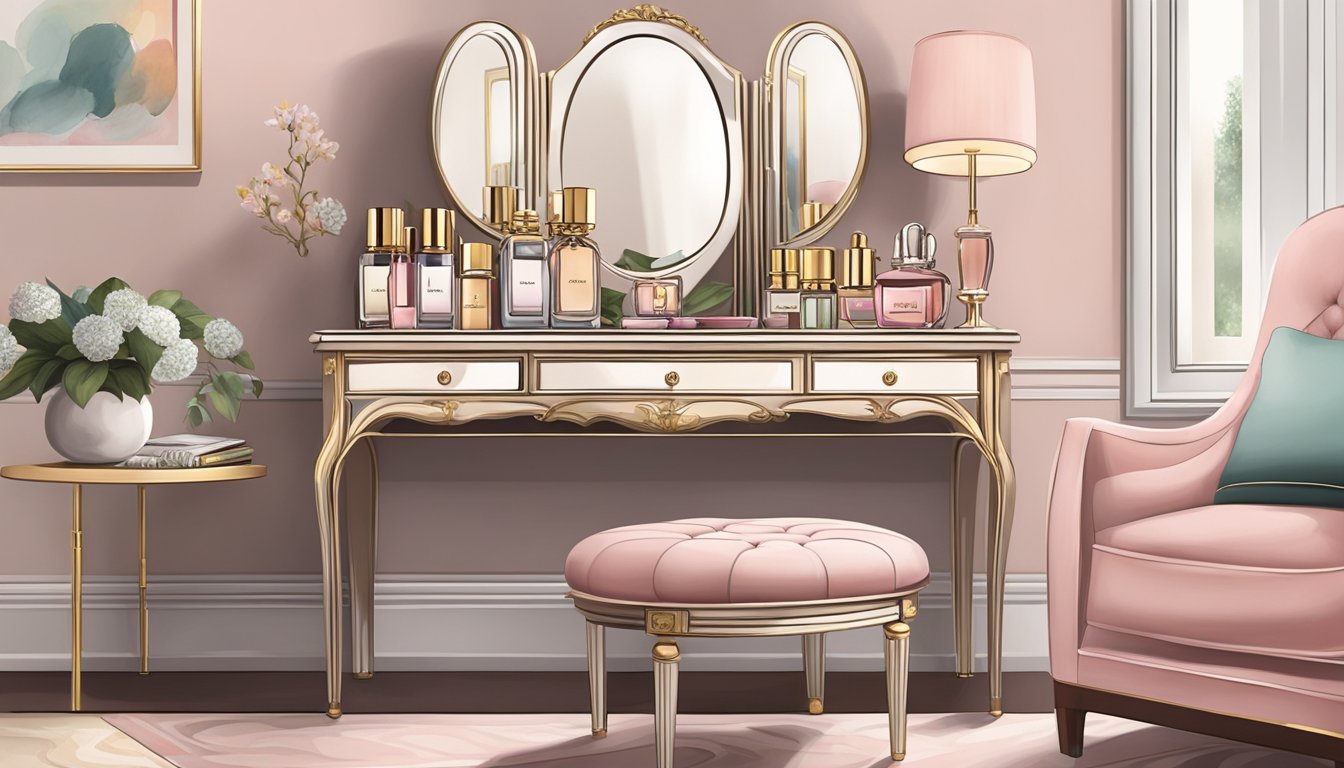 A bedroom dressing table with a mirror, adorned with a collection of perfumes, jewelry, and a decorative tray. A soft, elegant chair sits beside it, completing the stylish and inviting scene