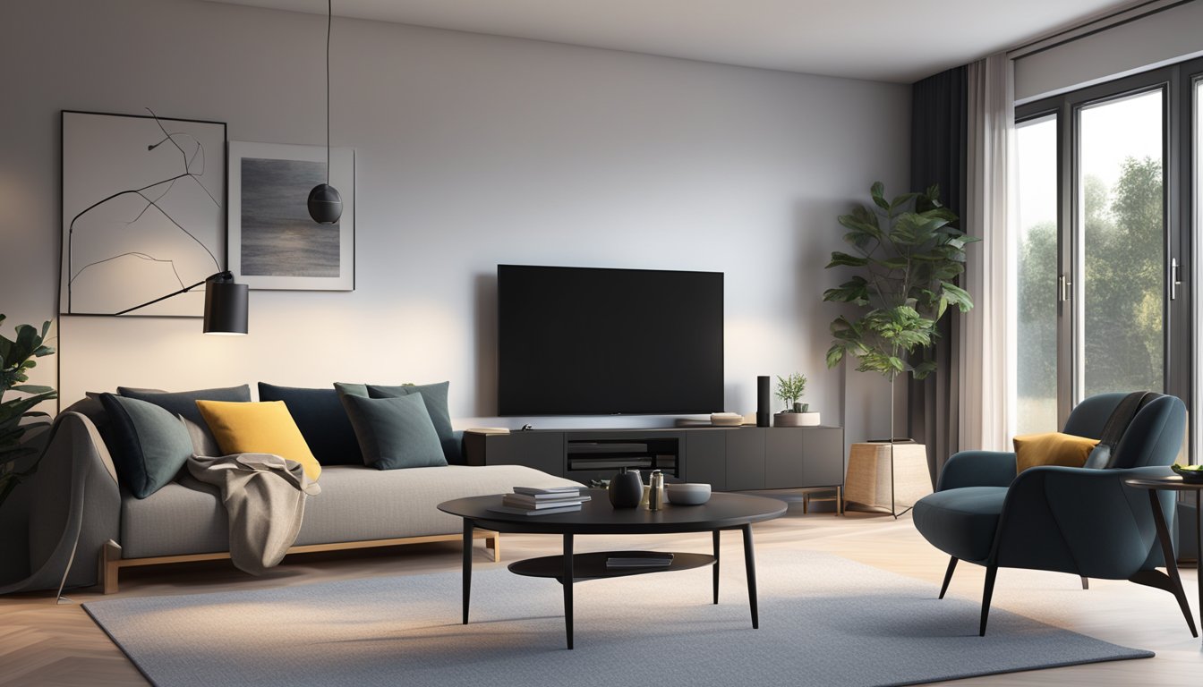 A modern living room with a sleek black TV console, surrounded by minimalistic decor and soft ambient lighting