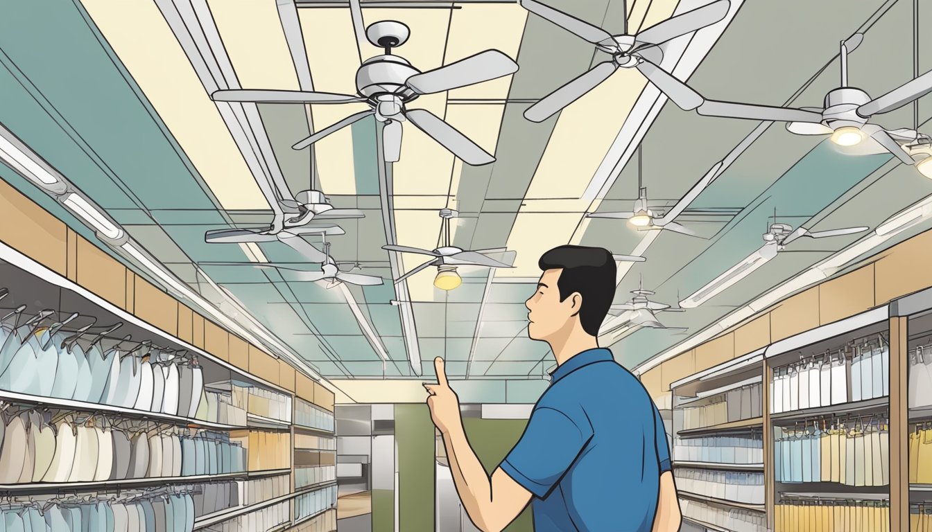 A customer examines ceiling fans in a Singaporean home improvement store, comparing sizes and styles