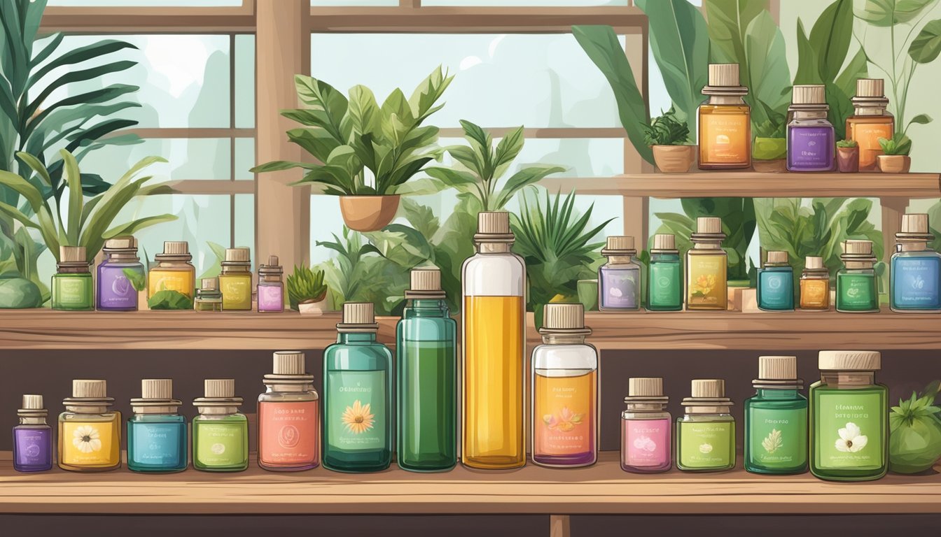 A table displays various bottles of essential oils with colorful labels, surrounded by exotic plants and flowers, in a cozy Singaporean shop