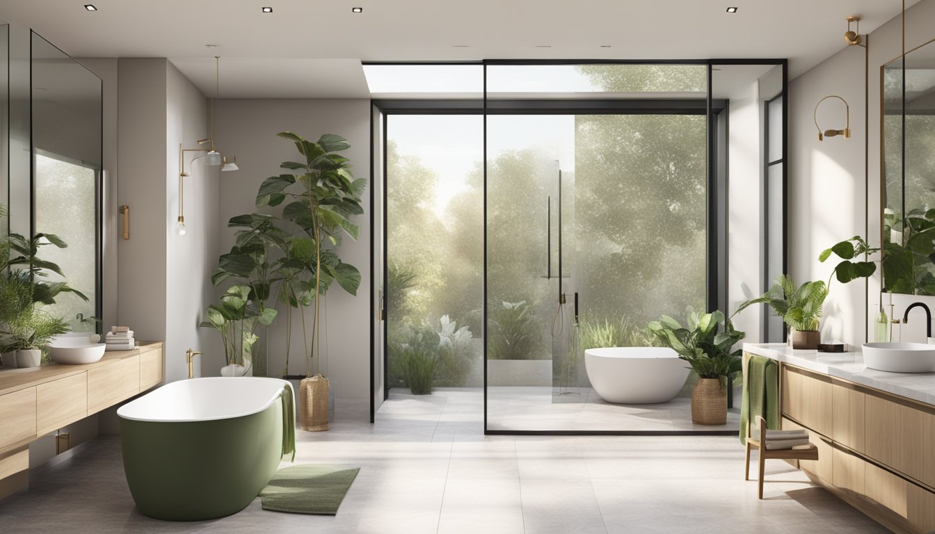 A modern bathroom with sleek fixtures, a freestanding tub, and a large walk-in shower with glass doors. The color scheme is neutral with pops of greenery and natural light streaming in through a large window