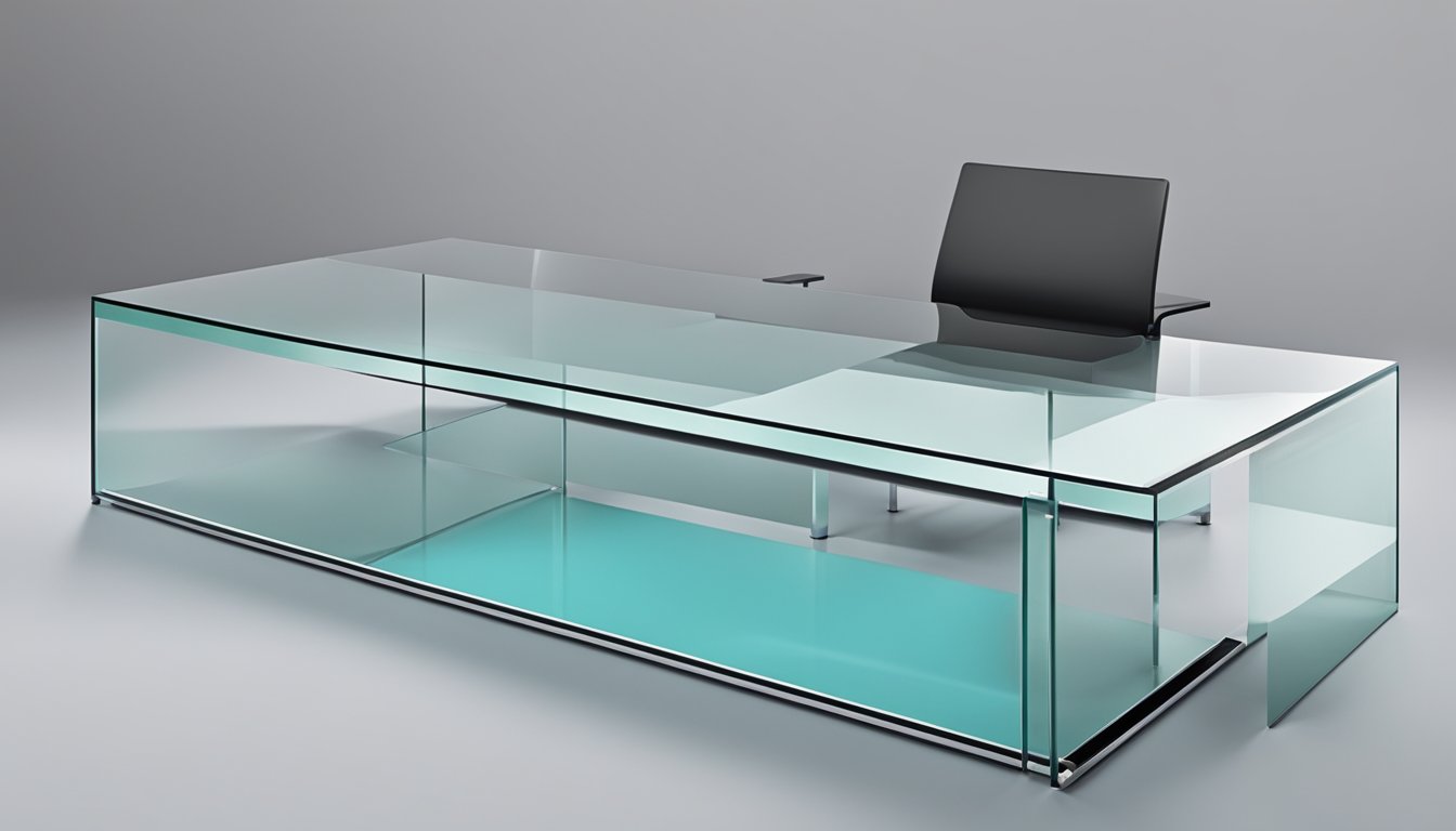 A sleek, modern tempered glass table displayed with various price tags