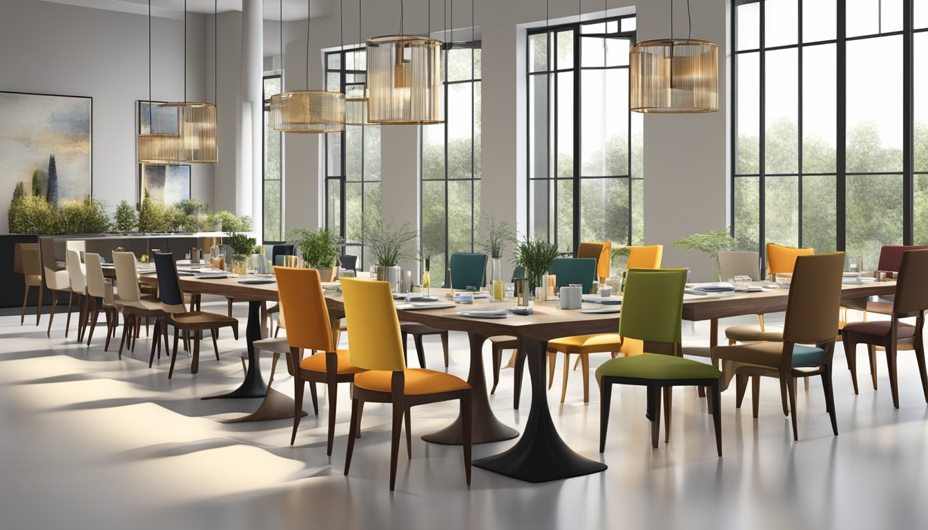 A variety of designer dining chairs arranged in a spacious, well-lit showroom. Each chair features unique materials, colors, and styles, creating a visually appealing display