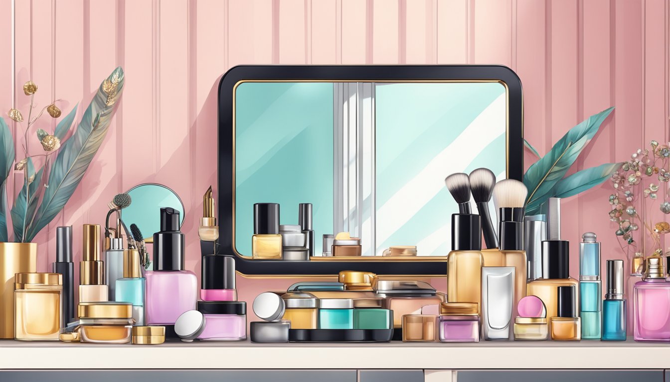 A cluttered bedroom dressing table with various beauty products, jewelry, and a mirror