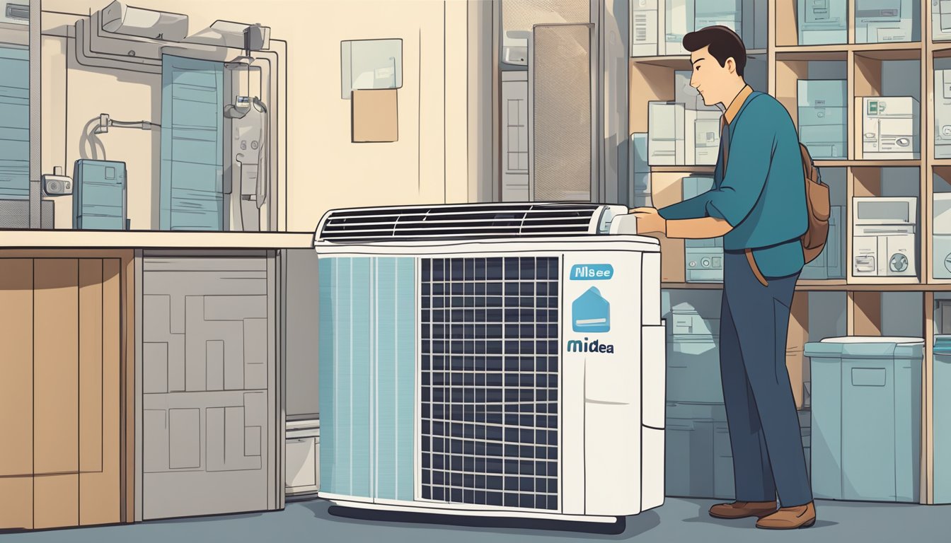 A hand reaches for a price tag on a Midea air conditioner. A salesperson stands nearby, offering purchasing tips