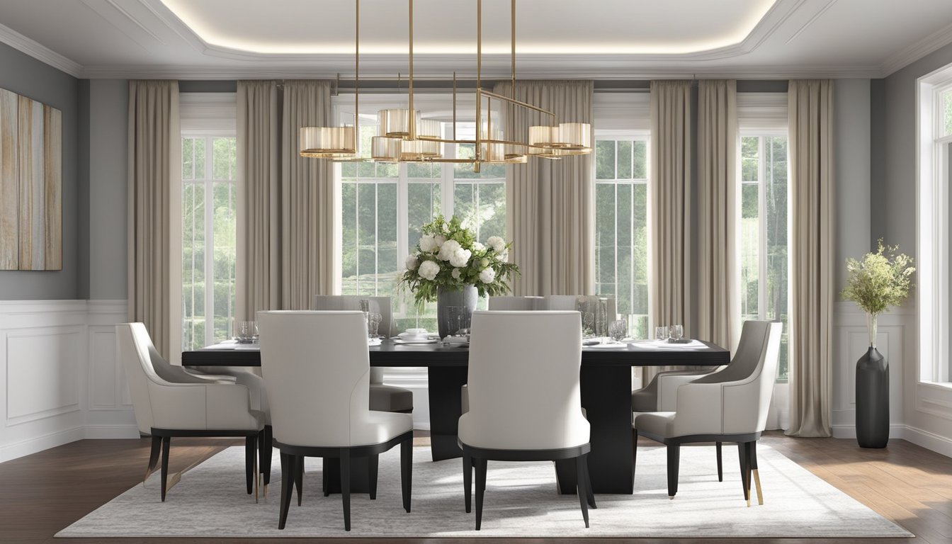 A sleek, modern dining table is surrounded by designer dining chairs, adding a touch of elegance to the room. The chairs feature clean lines, luxurious upholstery, and unique details, enhancing the overall dining experience
