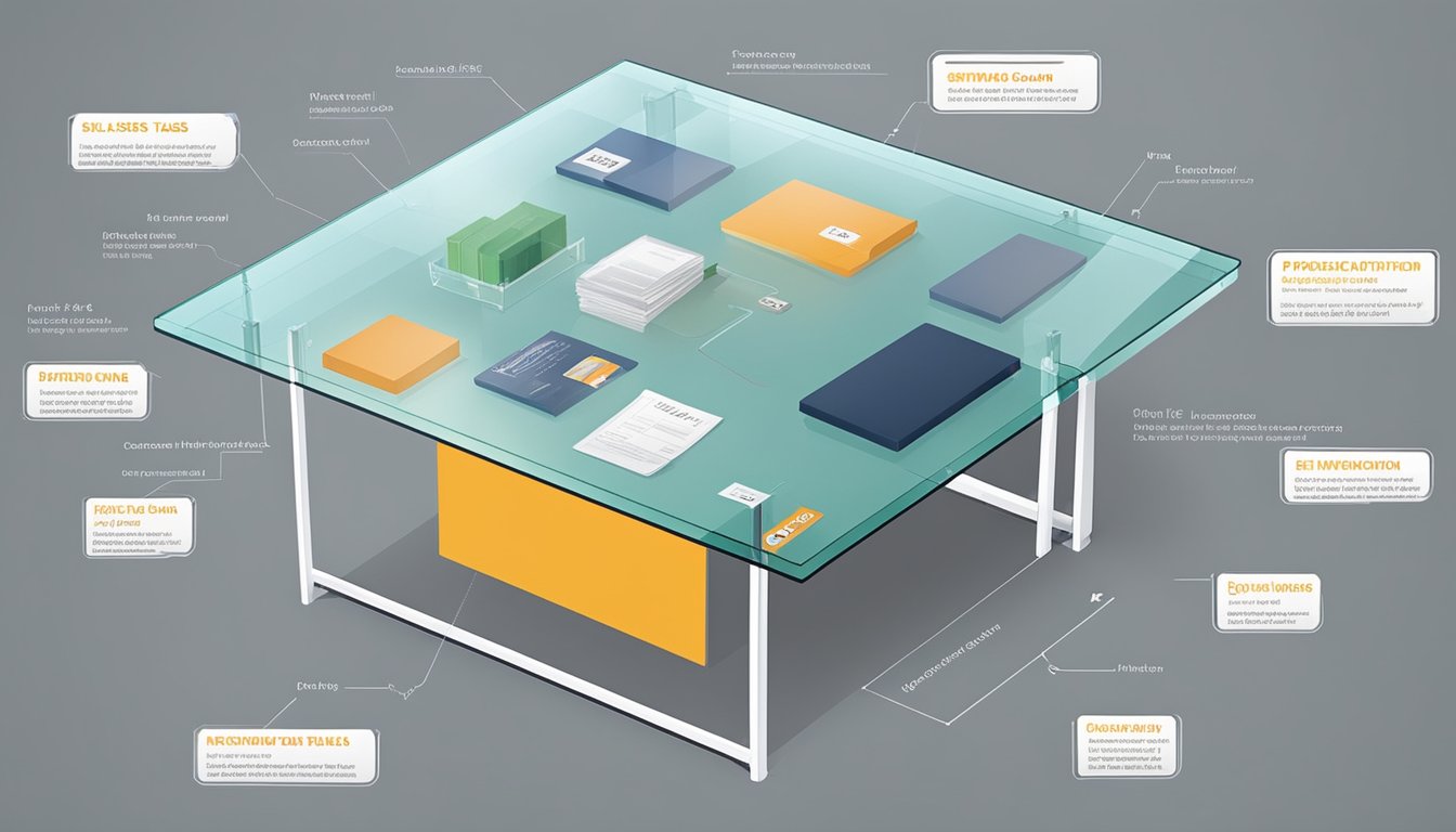 A tempered glass table with a price tag displayed next to it, surrounded by various purchasing tips and suggestions