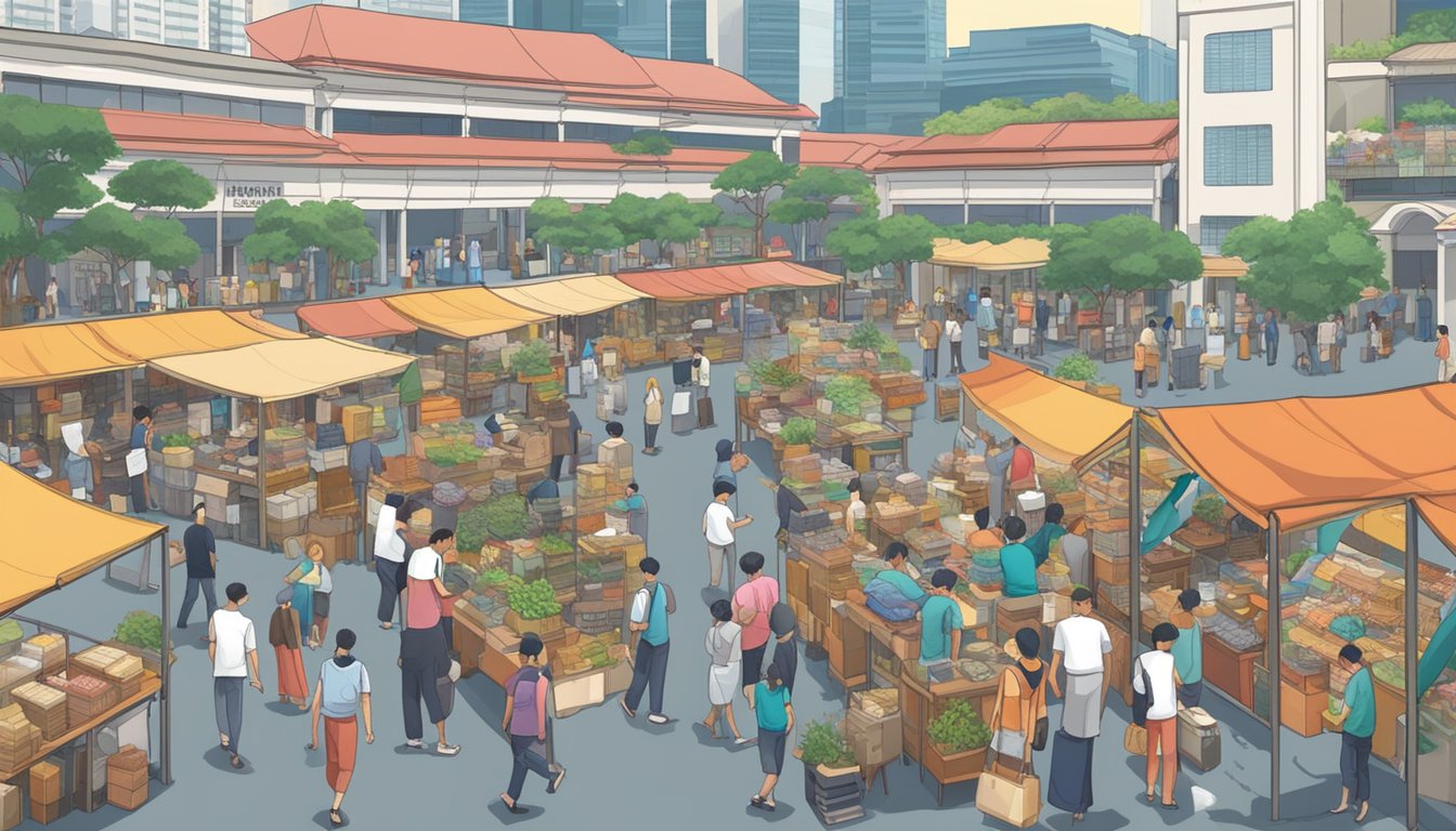 A bustling marketplace with rows of neatly arranged second-hand furniture, shoppers browsing and haggling with vendors in Singapore