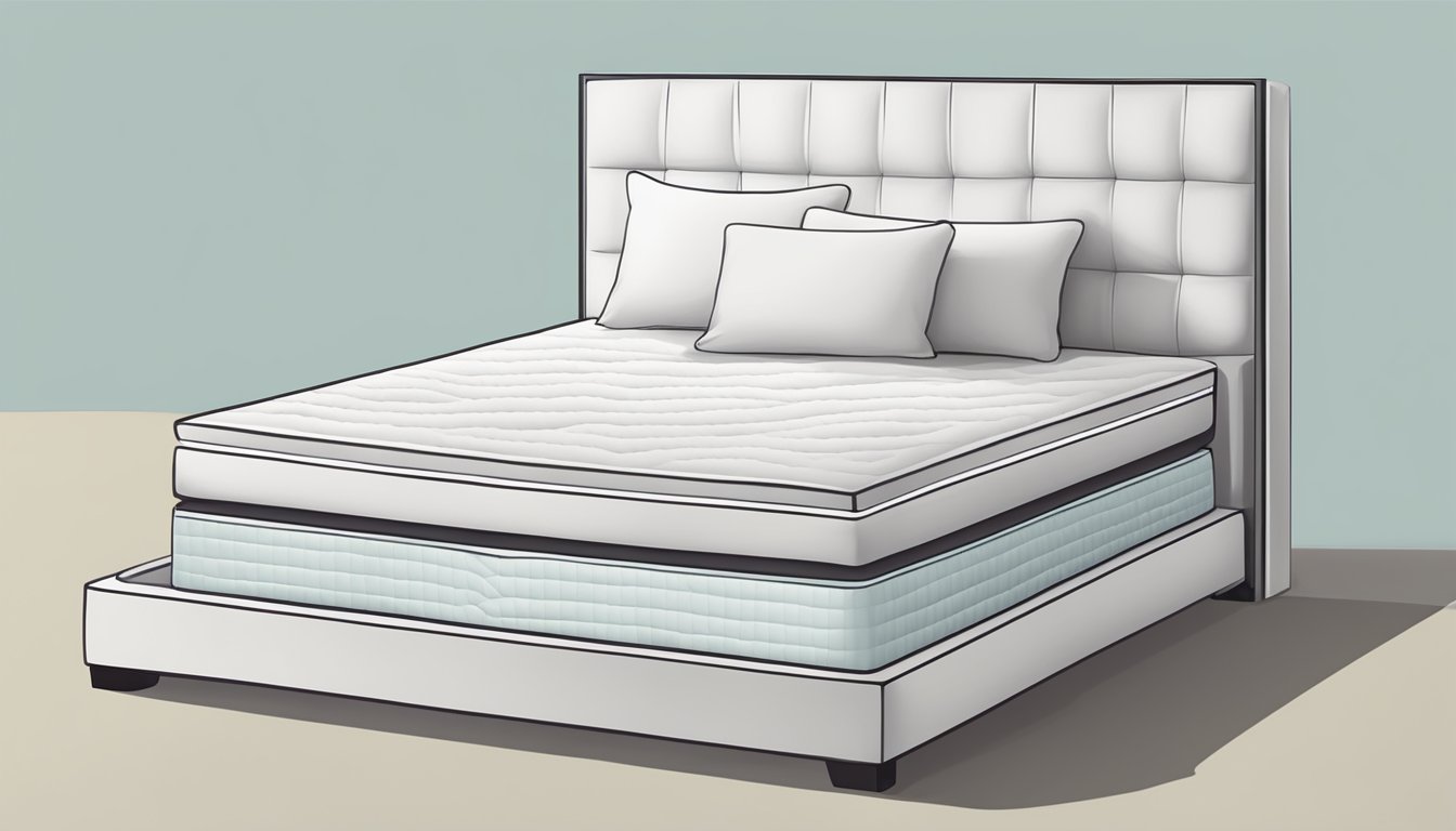 A memory foam mattress on a bed frame, with a plush white comforter and two fluffy pillows