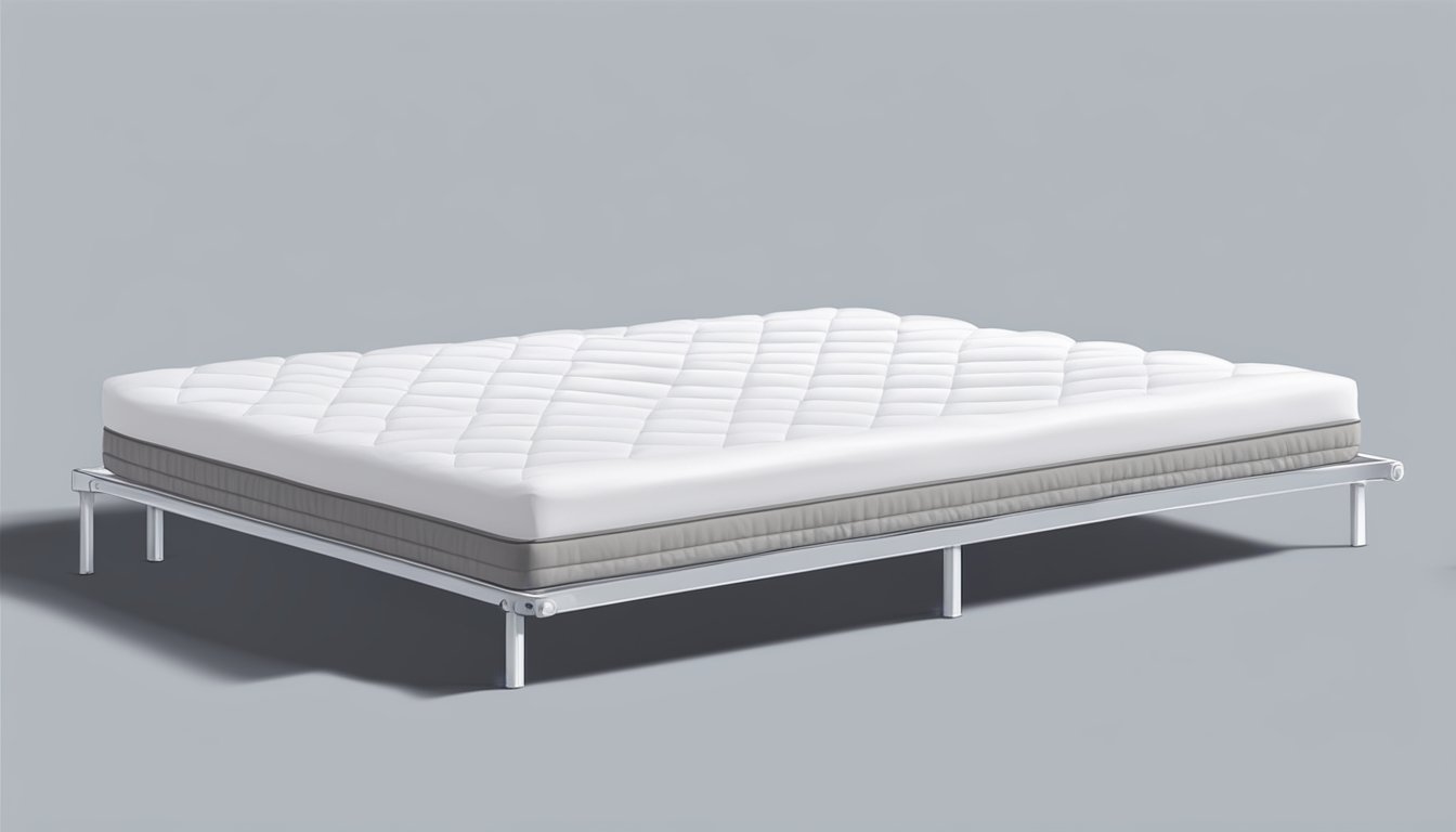 A mattress lies on a simple metal frame, neatly made with crisp white sheets and a plump pillow sitting at one end