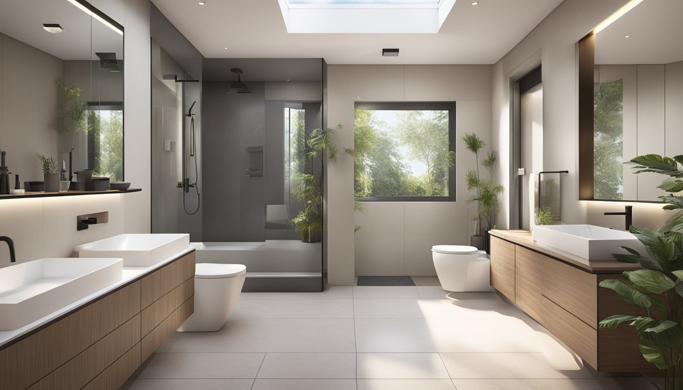 A modern BTO bathroom with sleek fixtures, neutral color palette, and ample natural light