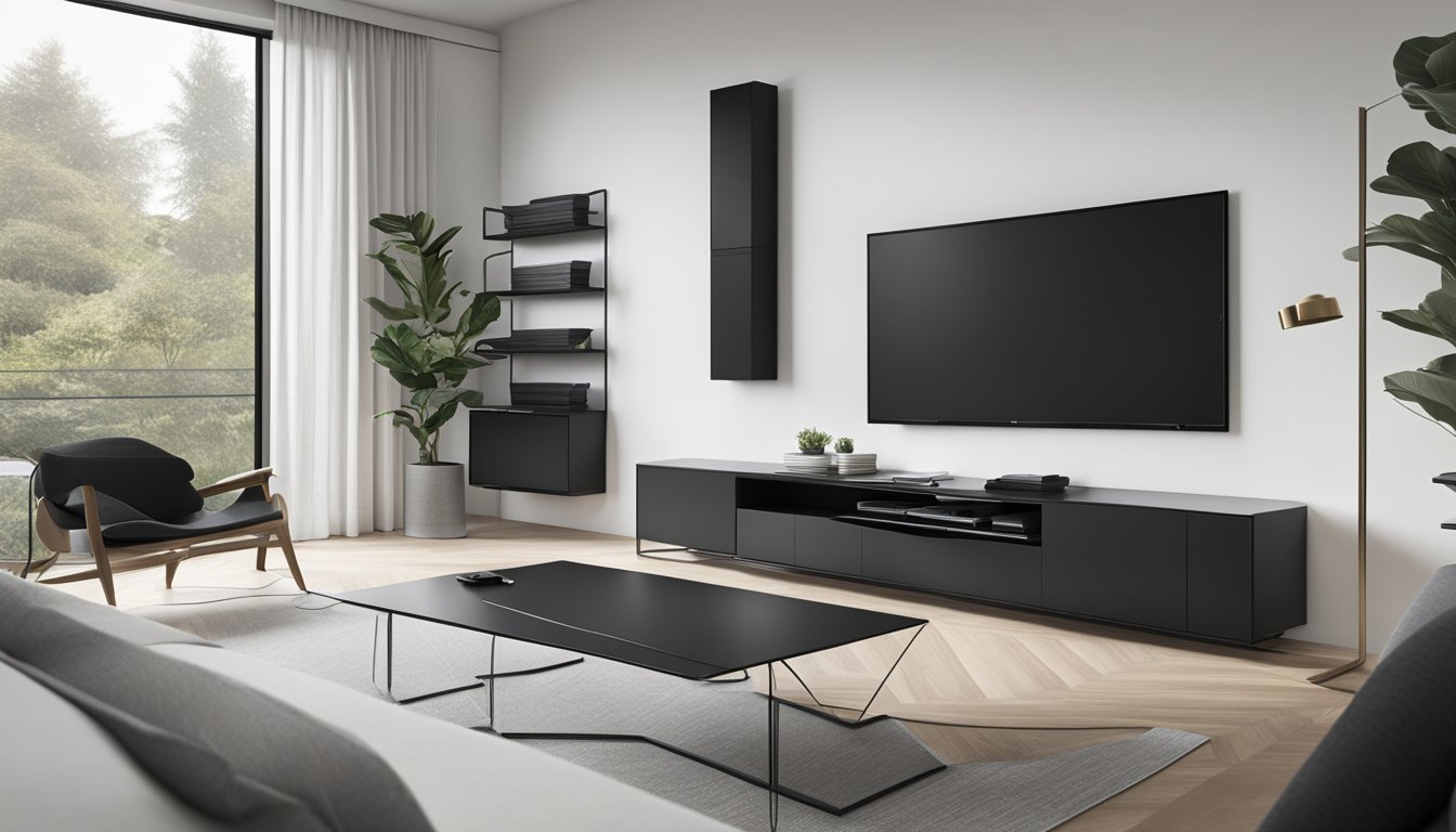 A sleek black TV console sits against a white wall, with a large flat-screen TV mounted above it. The console has clean lines and minimalistic design, with open shelves and closed storage compartments