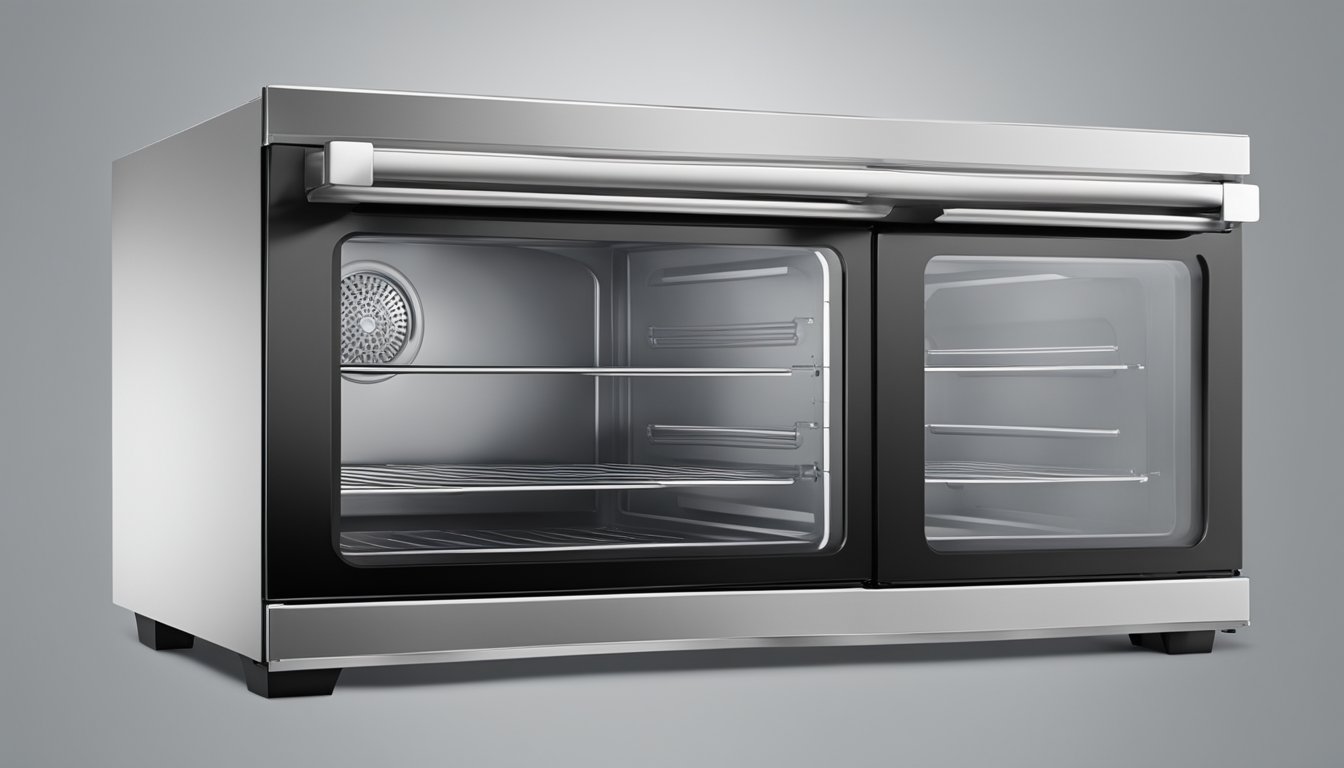 A standard oven with a capacity of 5 cubic feet, stainless steel exterior, and a clear glass door