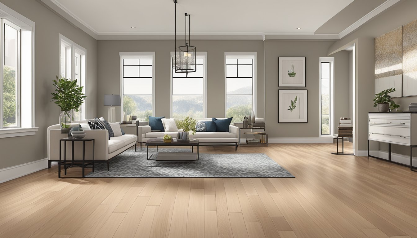 A room with ash hardwood flooring: warm, durable, and stylish. Pros include easy maintenance and a timeless look. Cons may include higher cost and susceptibility to scratches