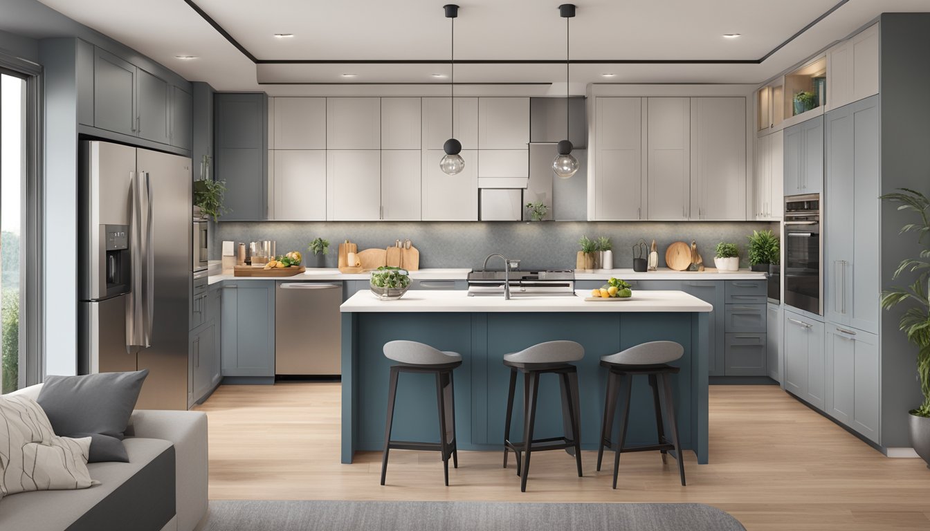 A modern, open-concept kitchen in a 4-room BTO with sleek cabinetry, stainless steel appliances, and a spacious island for cooking and dining