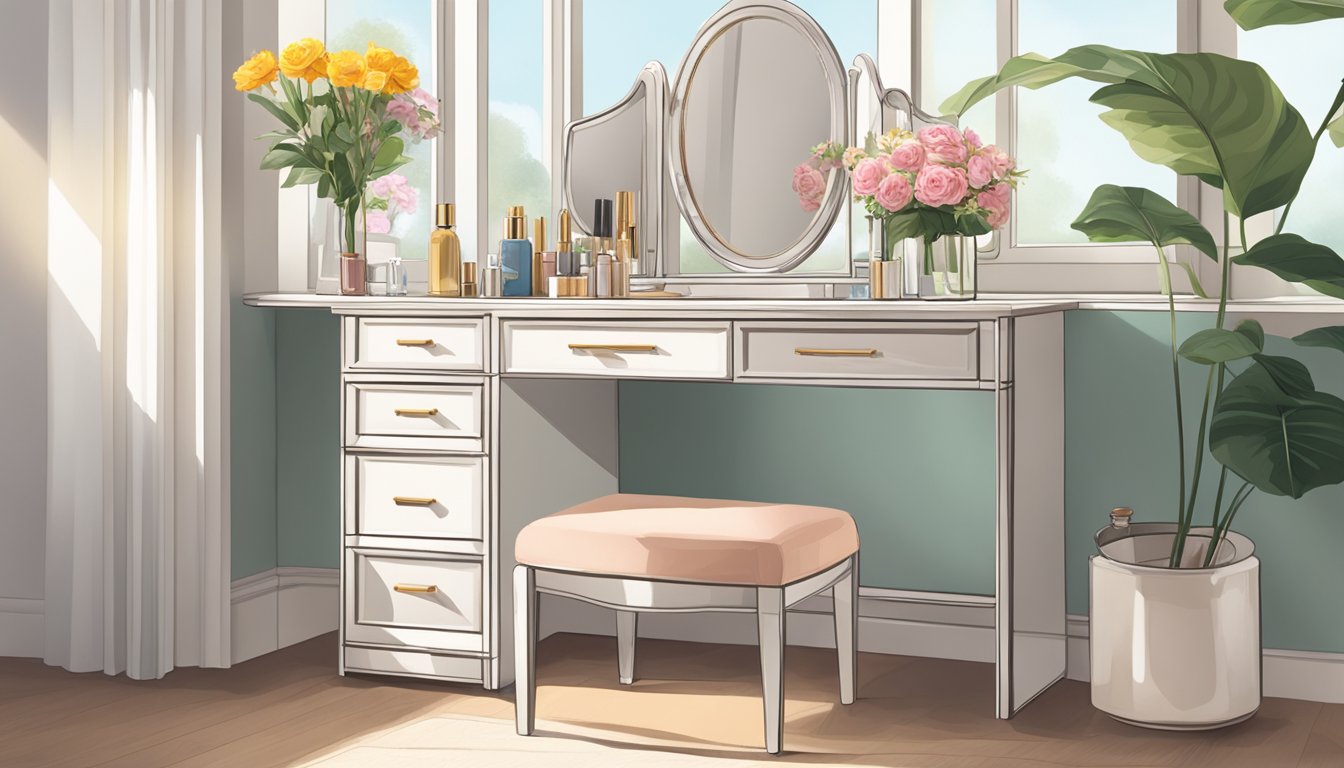 A dressing table priced below 2500 sits against a sunny window, adorned with a mirror, makeup, and a vase of flowers