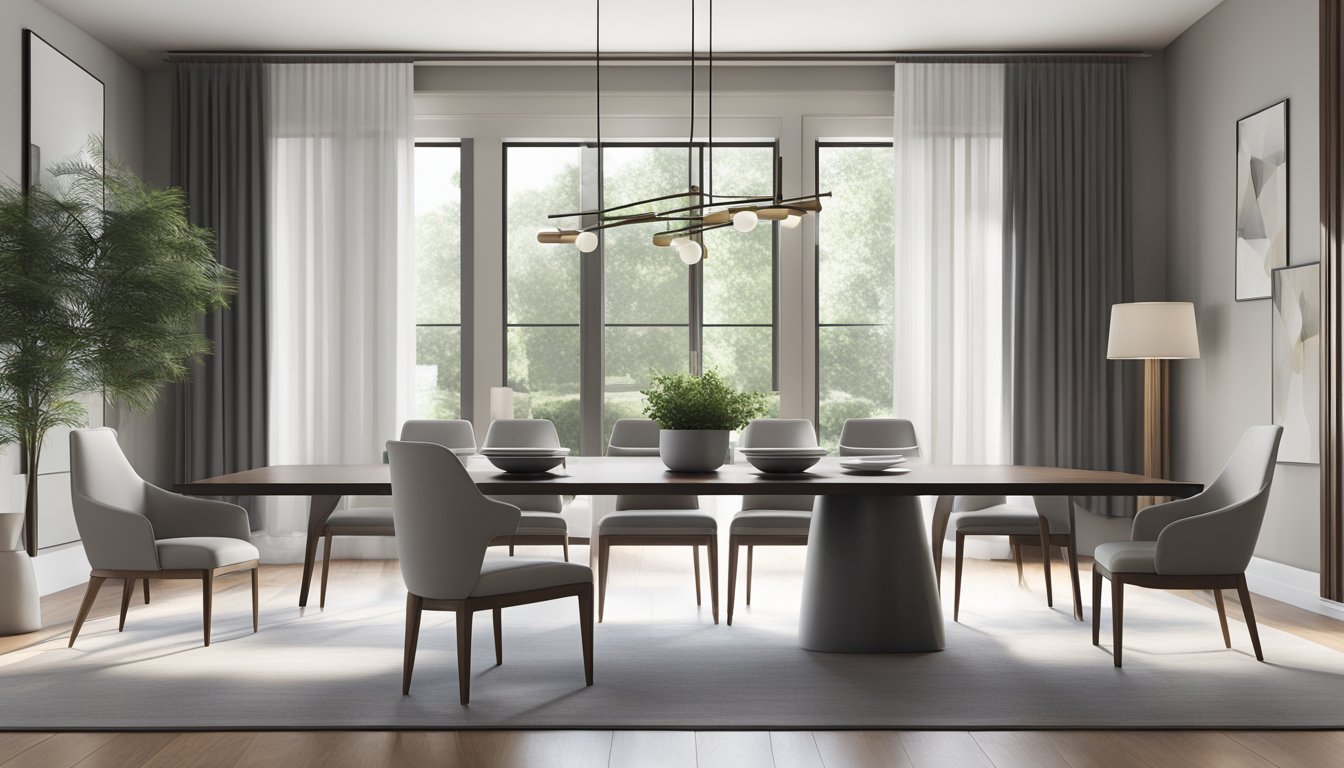 A sleek, modern dining room with a row of designer chairs. Clean lines, minimalist design, and a sophisticated color palette