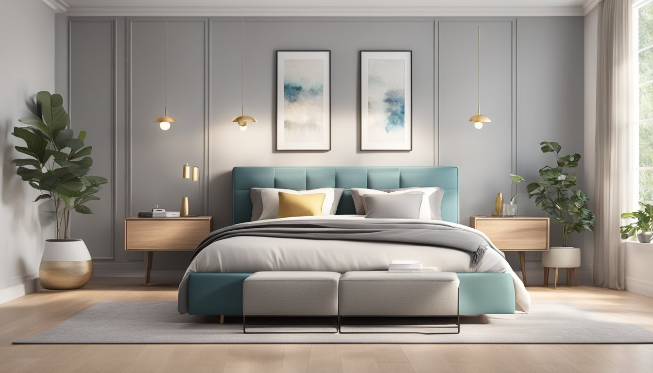 A sleek, modern storage bed with built-in drawers and a chic upholstered headboard sits in a spacious, well-lit bedroom with clean, minimalist decor