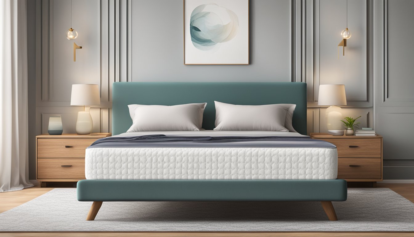 A queen-sized mattress made of memory foam sits atop a platform bed frame, with soft cotton sheets and plush pillows