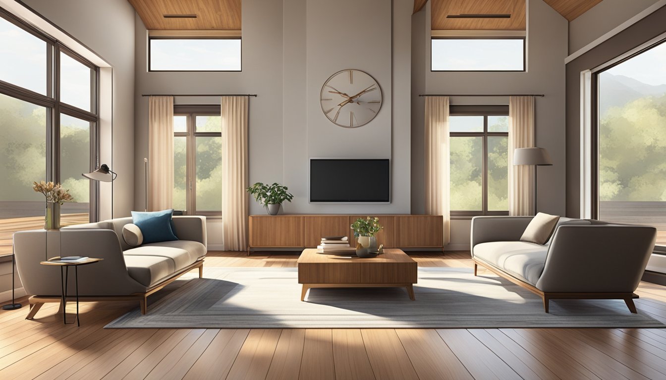 A spacious living room with natural light streaming in, showcasing the warm, rich tones of ash hardwood flooring. The smooth, grainy texture adds a touch of elegance to the room