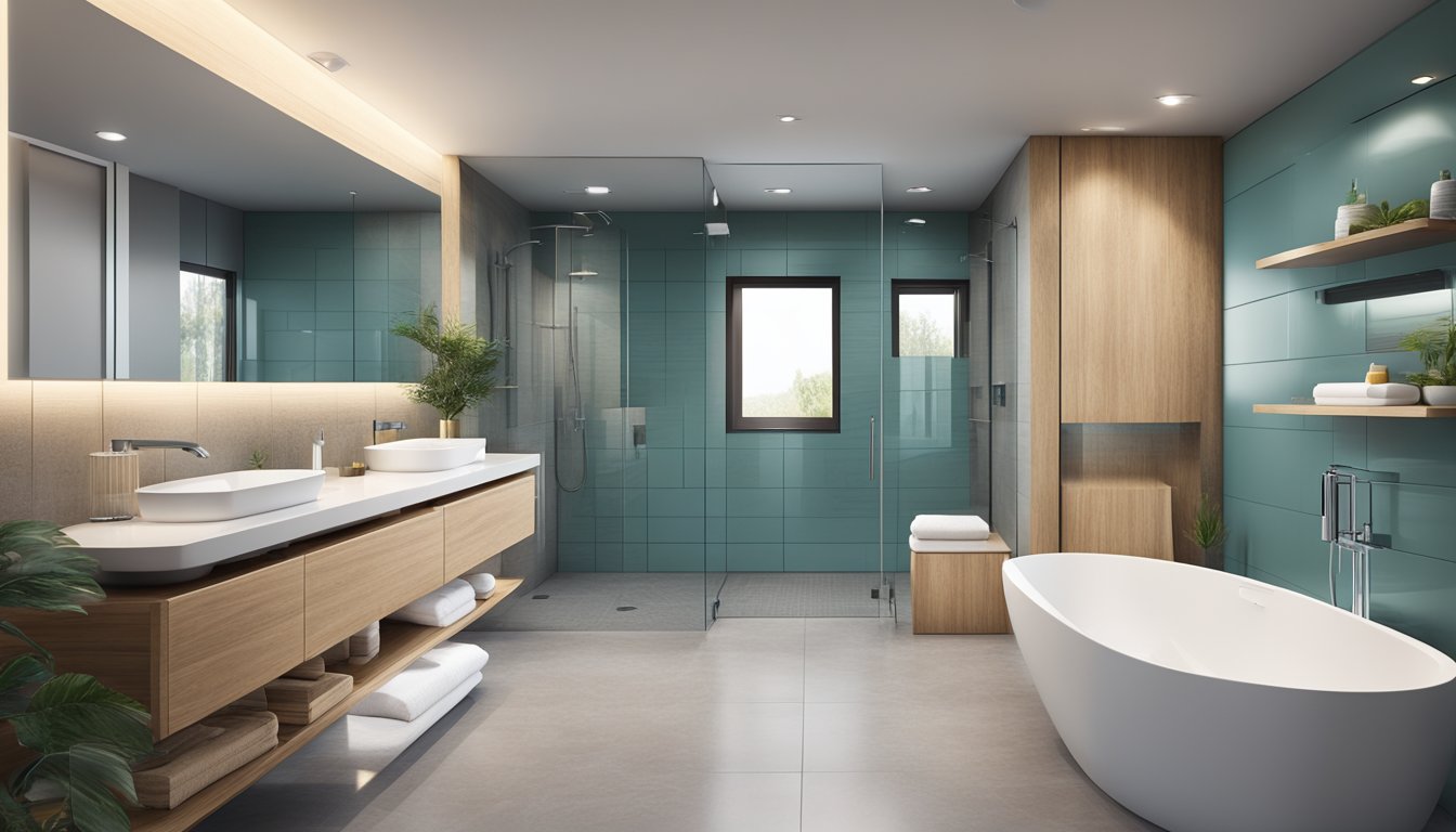 A modern bathroom with sleek fixtures and clean lines, featuring a wall-mounted toilet, a spacious vanity with a large mirror, and a walk-in shower with a glass door