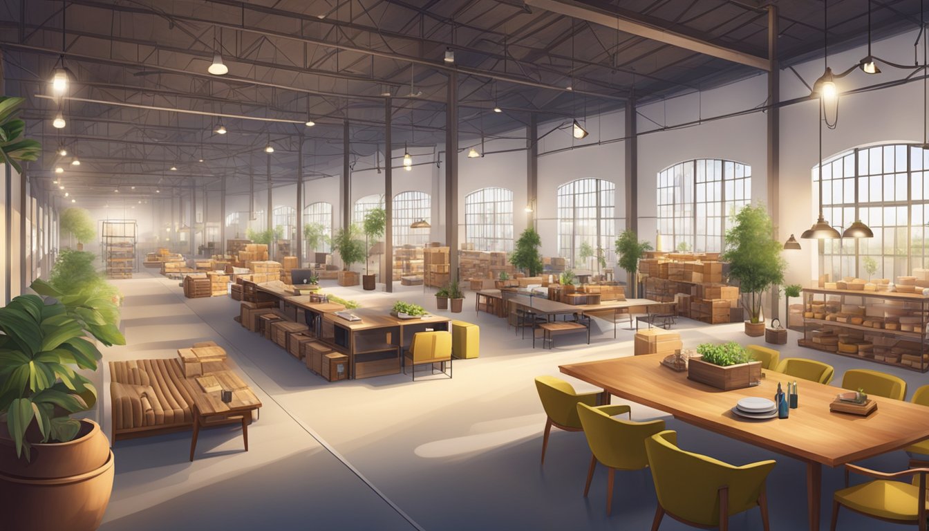 A spacious warehouse filled with rows of various furniture pieces, from elegant sofas to sturdy dining tables, with bright lighting and a bustling atmosphere