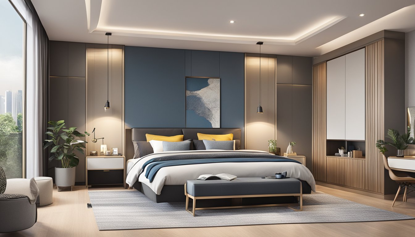 A spacious bedroom with a sleek, modern king size storage bed frame in Singapore. The frame is sturdy and stylish, with ample space underneath for storage