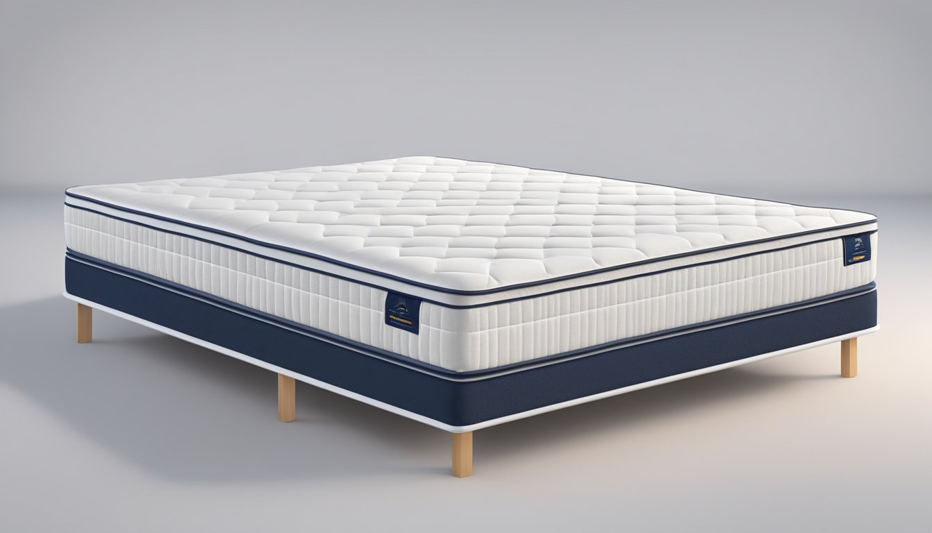 A euro top spring mattress lies on a sturdy bed frame, with a plush, cushioned surface and a sleek, modern design