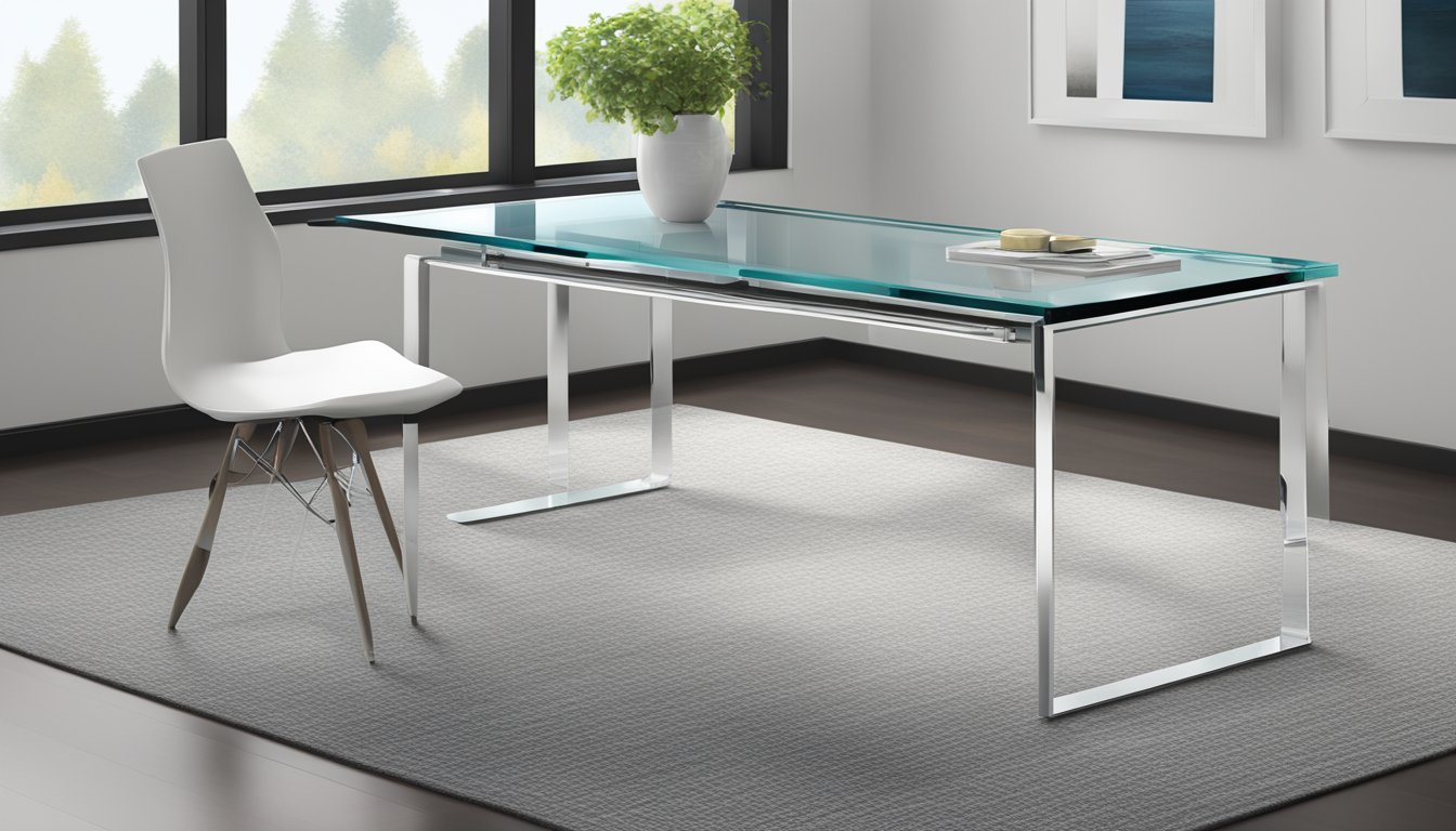 A sleek, modern tempered glass table with a price tag displayed prominently