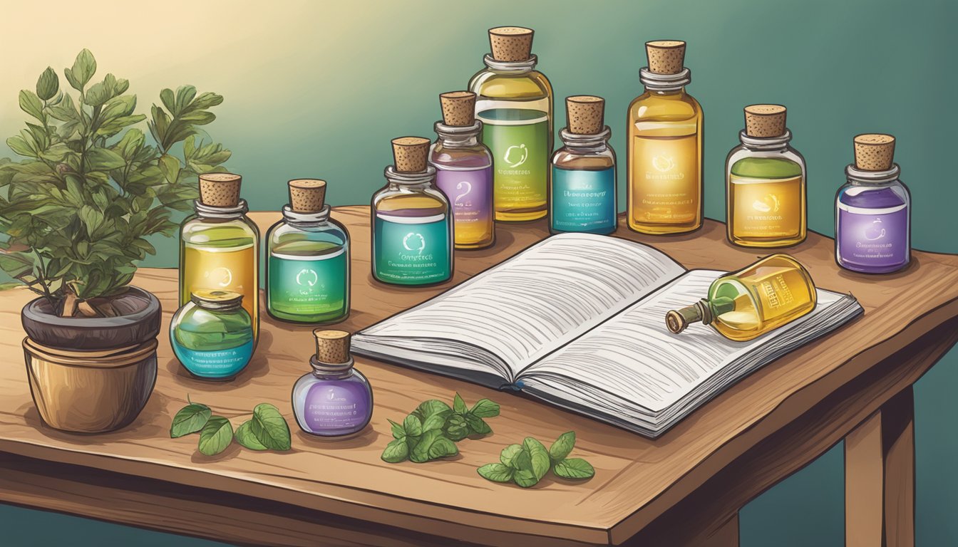 A table with various essential oil bottles, a sign with "Frequently Asked Questions," and a customer reading a brochure