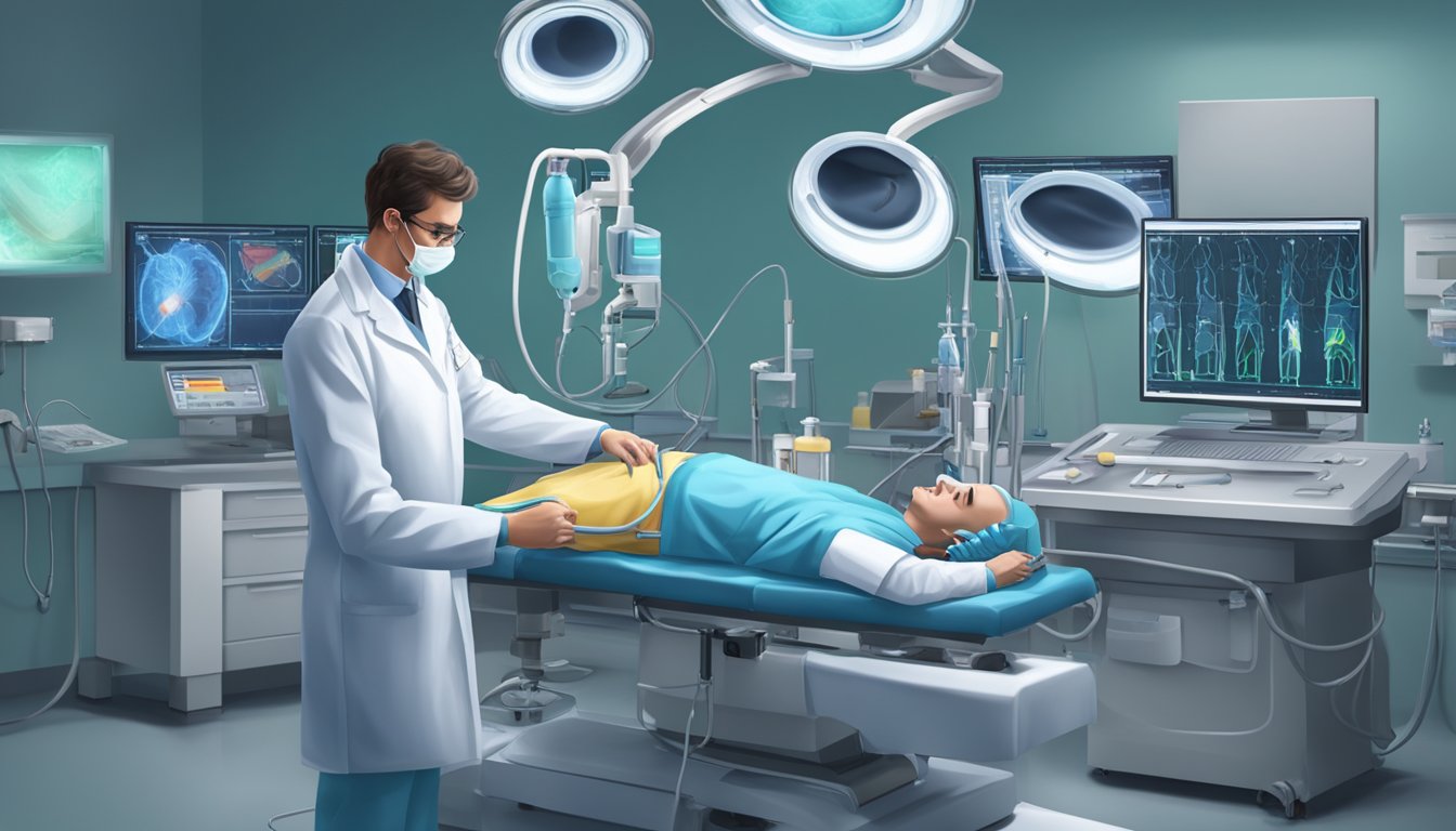 A cardiologist performing a PCI procedure, using various techniques and tools. The scene includes a catheter, stent, and fluoroscopy machine