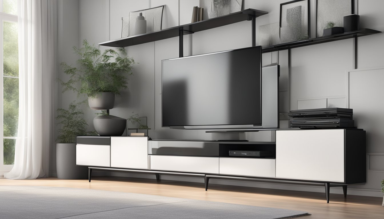 A sleek black TV console stands against a white wall, with shelves neatly organized and a glass door covering the media equipment