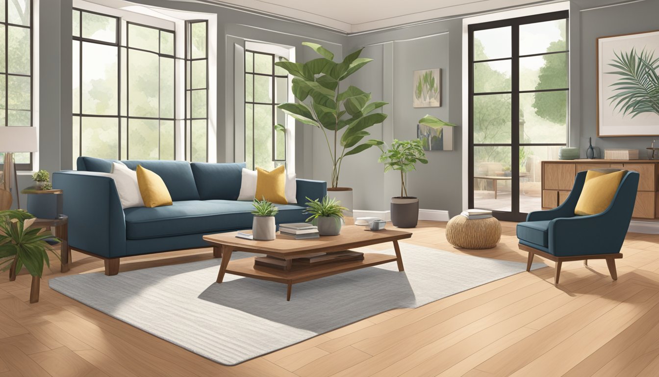 A serene living room with natural light, showcasing the warm, rich tones of ash hardwood flooring. A potted plant adds a touch of nature, while furniture and decor highlight the versatility and durability of the material