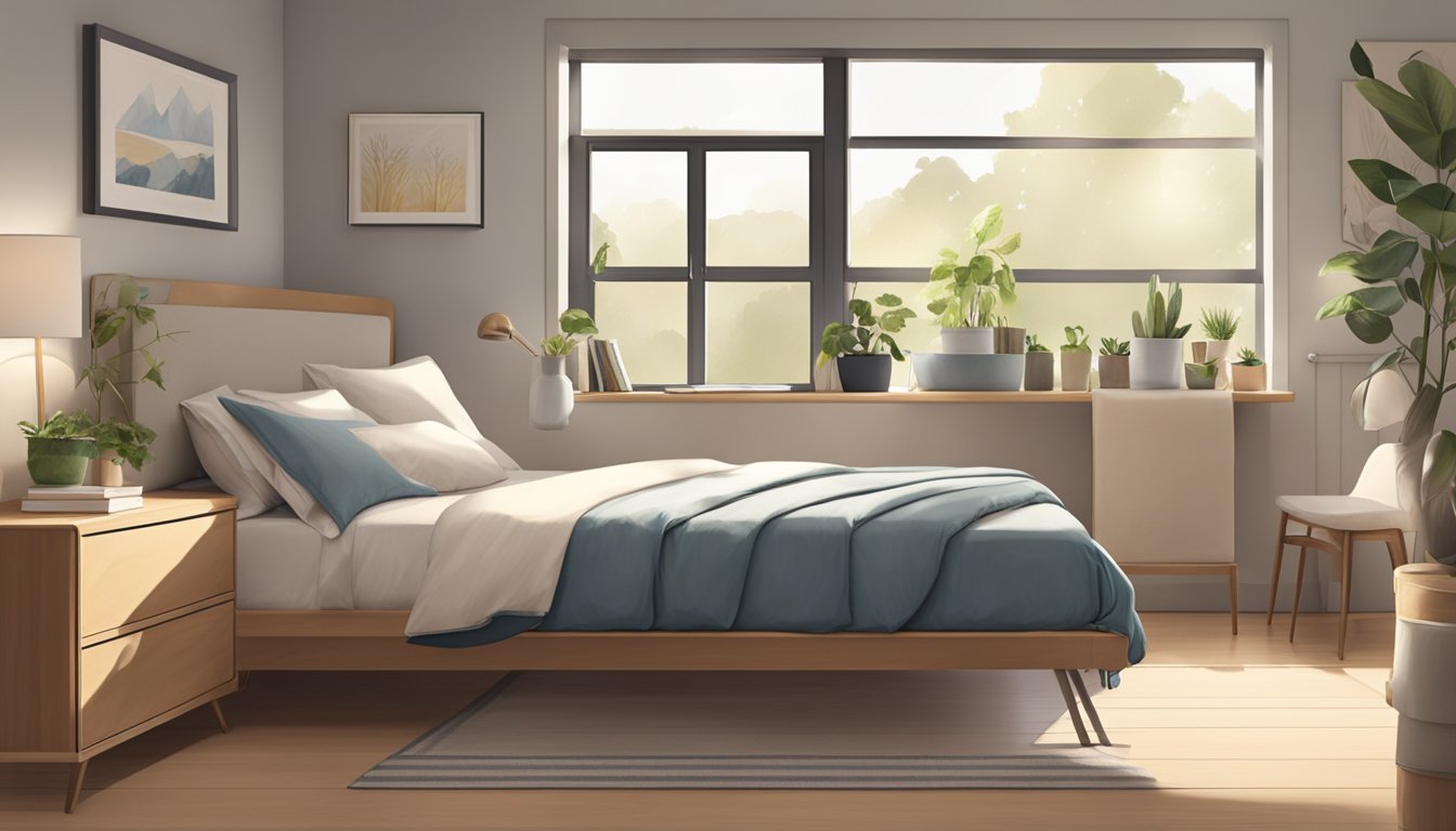 A cozy bedroom with a neatly made bed, featuring both single and super single size options. The room is well-lit with natural light streaming in through the window