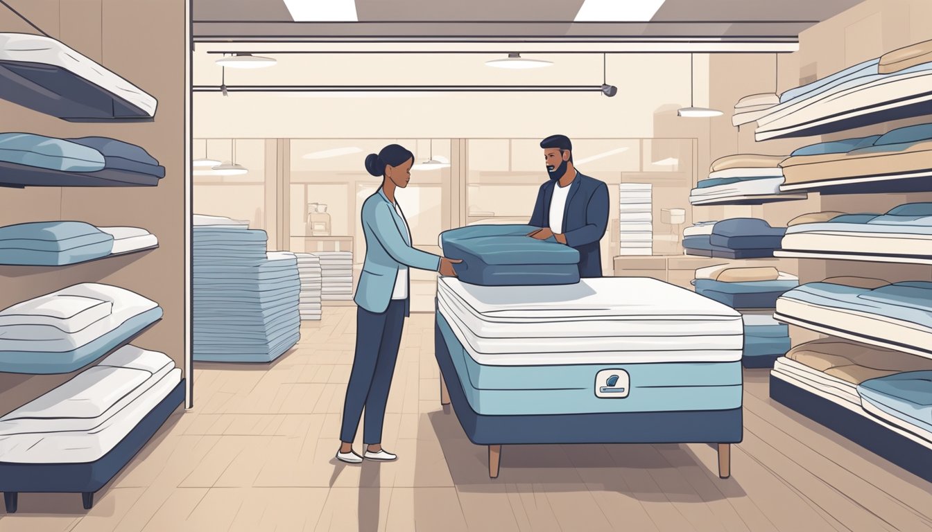 A person buying a mattress from a store, with a salesperson demonstrating how to care for it