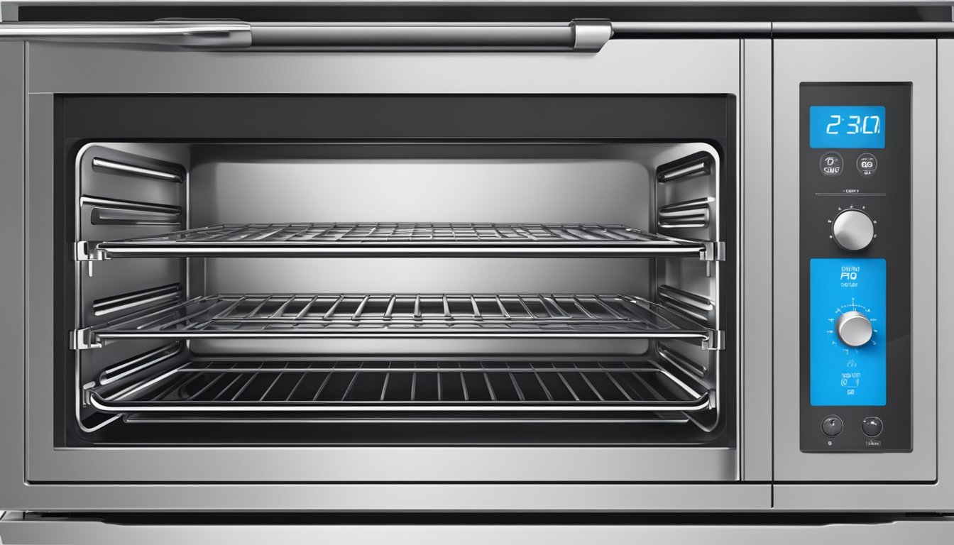 A standard oven with adjustable racks and a digital temperature display