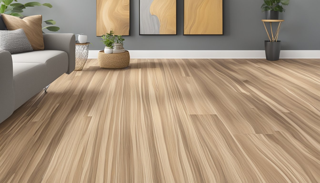 A room with ash hardwood flooring, showing its natural grain and color variations. A list of pros and cons of ash hardwood flooring is displayed nearby