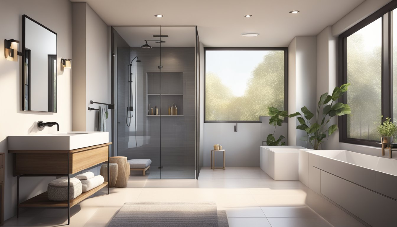 A bathroom with modern fixtures and clean lines, featuring a spacious shower, sleek vanity, and ample storage. Light pours in from a large window, illuminating the space