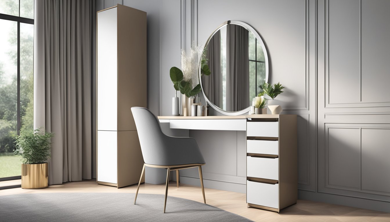 A sleek, modern dressing table with a large, adjustable mirror and multiple storage compartments. The table is made of high-quality materials and features elegant, minimalist design elements