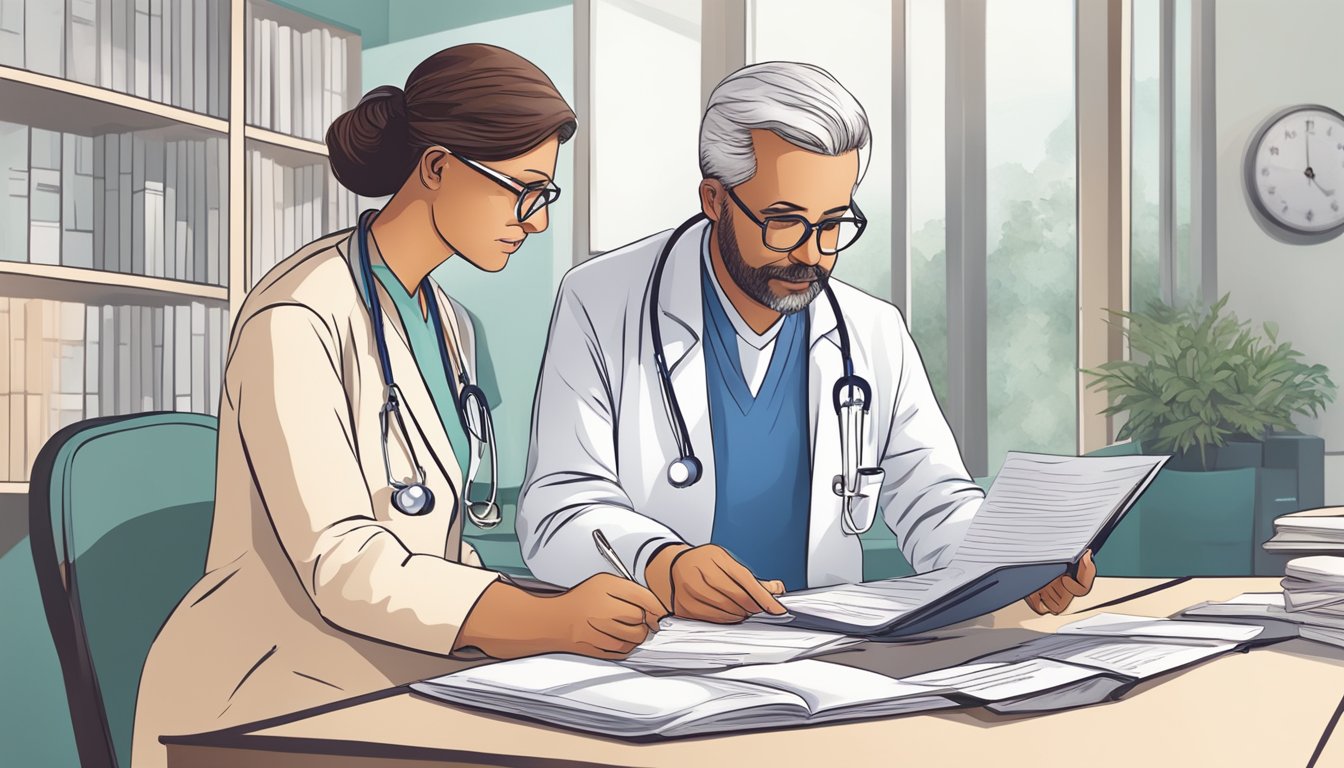 A doctor reviews patient records and discusses long-term care plans with a nurse