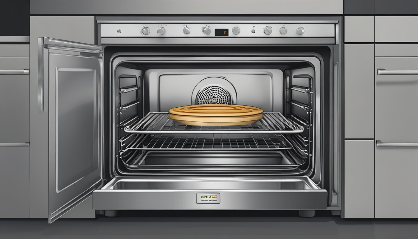 A standard oven with a capacity label and a list of frequently asked questions displayed prominently
