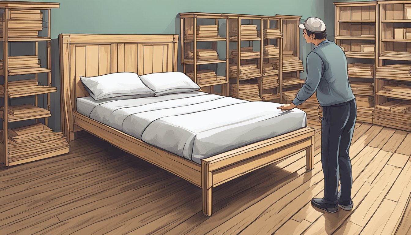 A hand reaches out to buy a wooden bed frame from a store