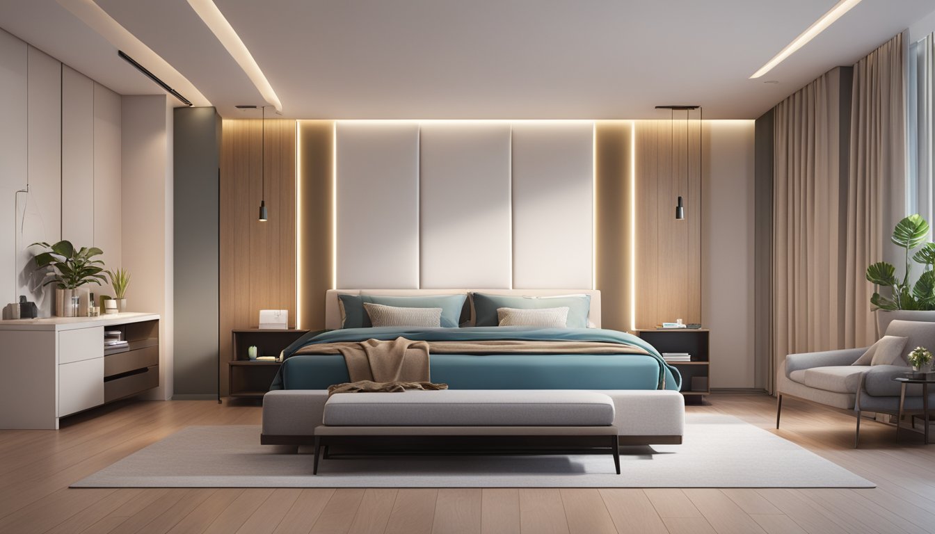 A modern bedroom with a sleek king-size storage bed frame, surrounded by minimalist decor and soft lighting